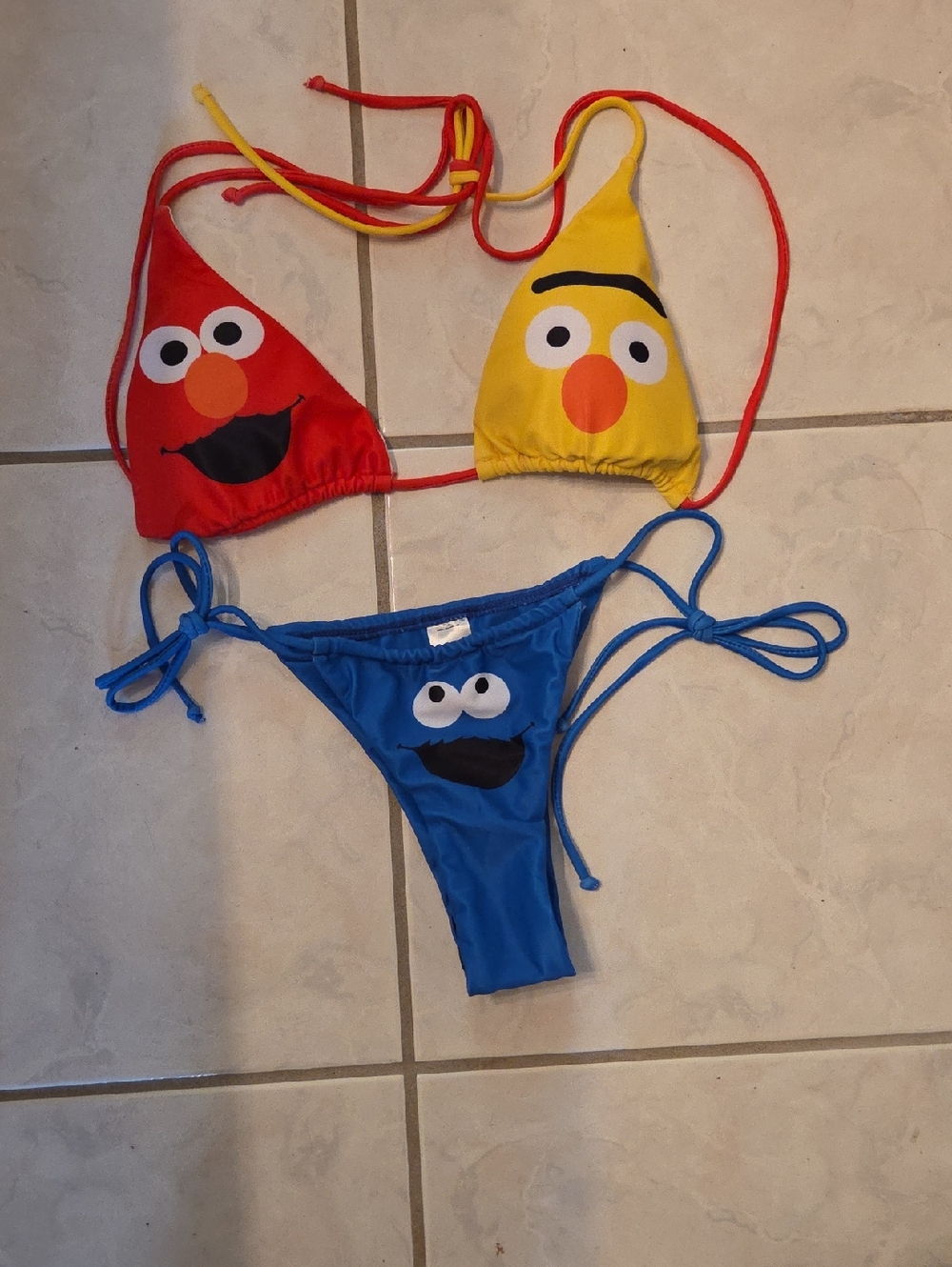 Sesame Street Inspired Trio Bikini Top & Bottom - Red, Yellow, Blue